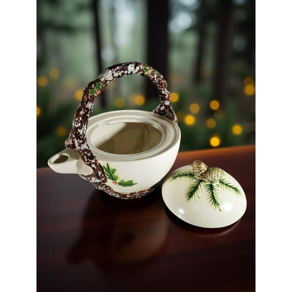 Vintage Ceramic Teapot With Winter Holly Woods Pinecone Design & Textured Brown - Picture 5 of 12
